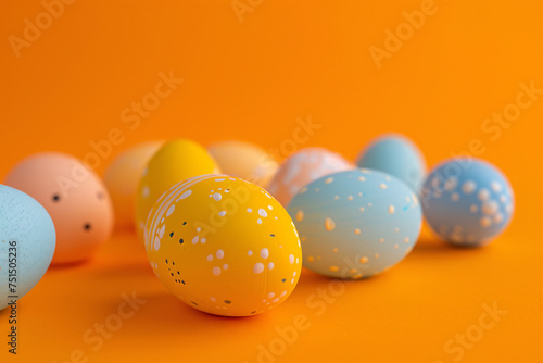 Colorful Easter eggs with various patterns on an orange background