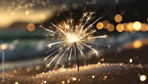 sylvester new year vacation holiday new year s eve 2024 party event celebration holiday greeting card closeup of sparkling sparkler stuck in sand on beach with ocean in teh background photo