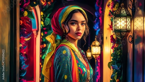 portrait of a girl in a headscarf against the backdrop of an oriental bazaar with a lantern  © ArtfuIInfusion769
