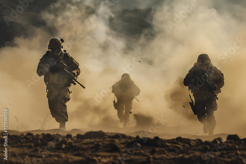 Soldiers Advancing Through Smoke on Rugged Terrain