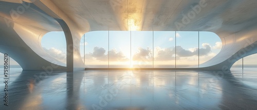 Detailed rendering of abstract modern architecture with an empty concrete floor as the backdrop for a car presentation. © Zaleman