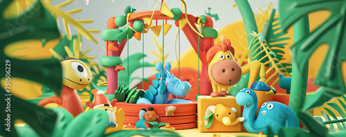 Playful jungle gym for babies  colorful animals and lush foliage  adventurous 3D illustration