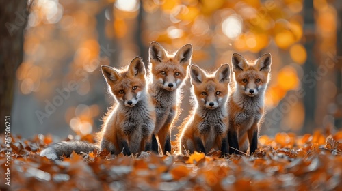 Four fox cubs rest amidst leaves in woodland, part of natural wildlife in forest