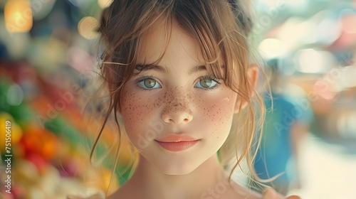 Exceptionally realistic digital artwork of a young girl with freckles and green eyes set against a vibrant backdrop © Dacha AI