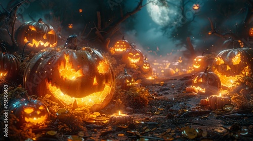 In a spooky forest at night - Jack O' Lanterns In Spooky ForestSpooky forest at night - Halloween photo