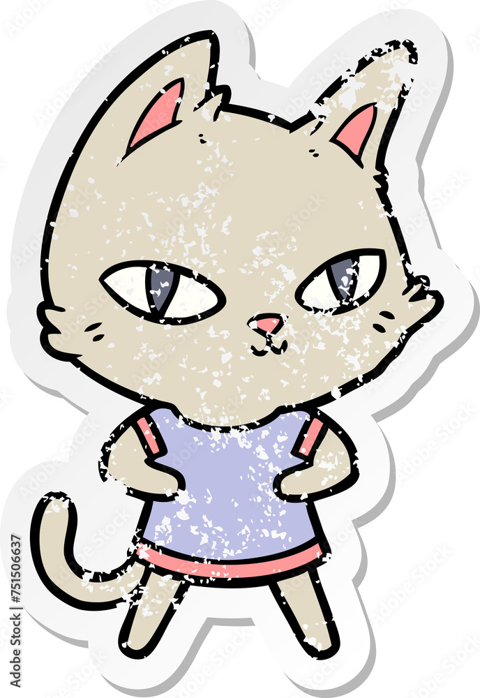 distressed sticker of a cartoon cat staring distressed sticker of a cartoon cat staring