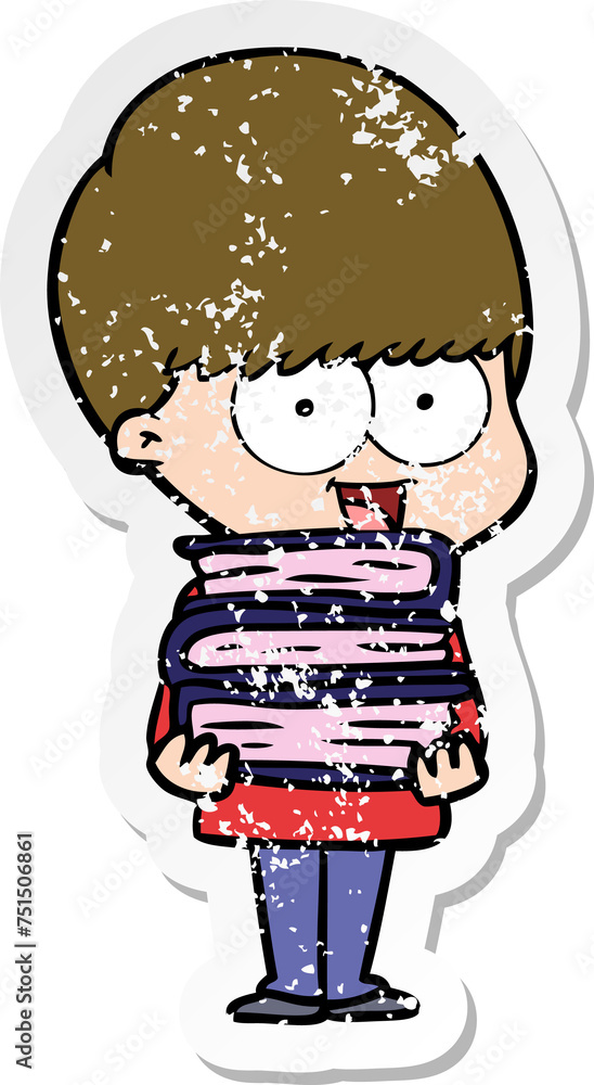 distressed sticker of a happy cartoon boy holding books