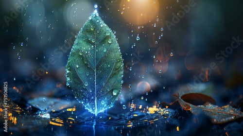 Water drop falling from a green plant leaf. The design has a low poly style. The background has a blue geometric pattern. The light connection structure is a wireframe. This is a modern 3d graphic