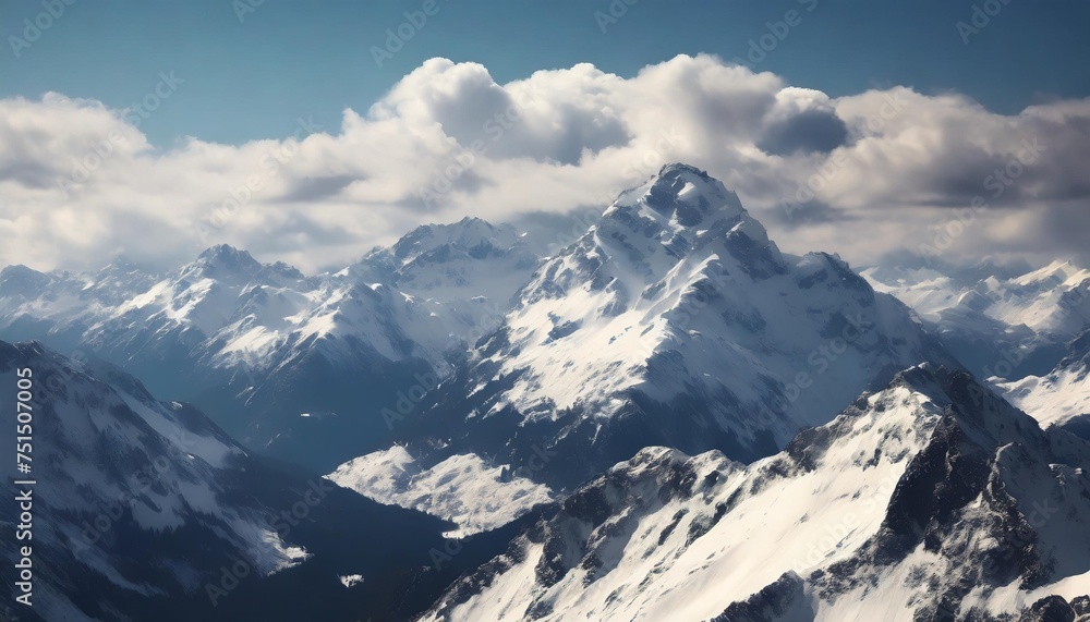 snow covered mountain range under a bright blue sky with white clouds from a high vantage point