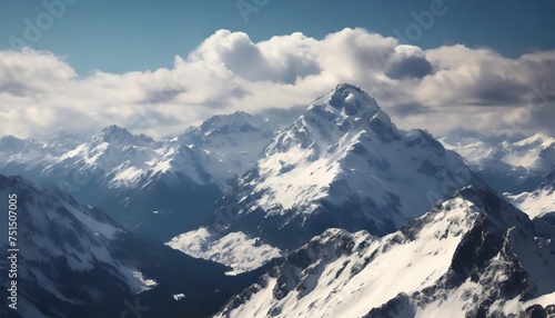 snow covered mountain range under a bright blue sky with white clouds from a high vantage point © Wayne