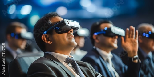 Business manager uses VR goggles at meeting in a crowded convention hall. Concept Virtual Reality, Business Management, Technology in Meetings, Convention Hall, VR Goggles