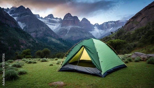 green tourist tent in a clearing against the backdrop of mountain slopes