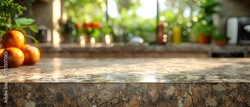 3d rendering of a marble countertop in an island kitchen next to a window with a green plant against a blurred background.