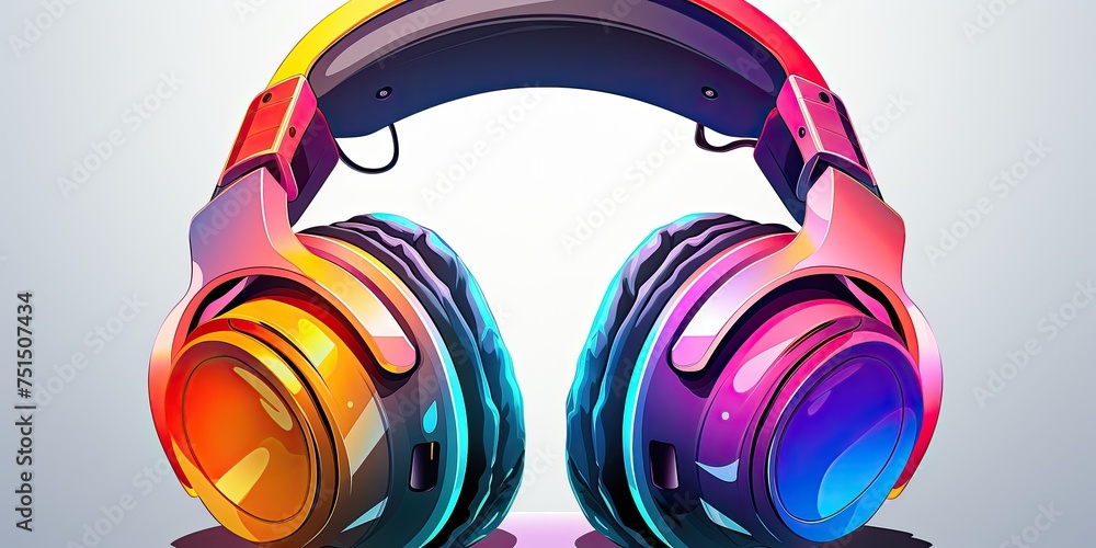 3D illustration of bright colorful stereo headphones with a modern design. Gaming music headphones isolated on white background. Concept art of stylish headphones. - obrazy, fototapety, plakaty 