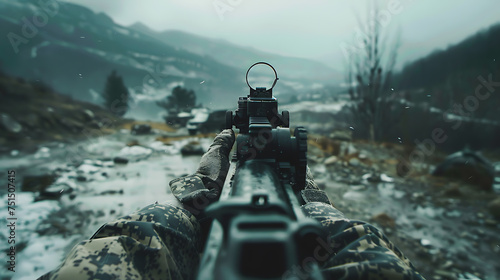 Soldier Perspective: Aiming a Rifle in a Cold, Mountainous Terrain photo