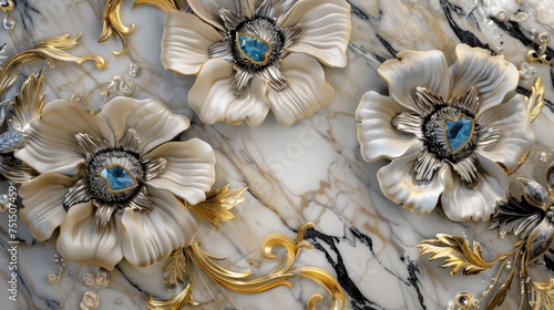 Artistic Floral Marble Inlay with Turquoise and Gold Accents