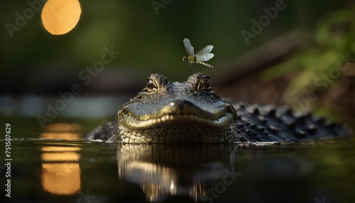 american alligator with dragonfly on head from eye level with water myakka river state park florida photo