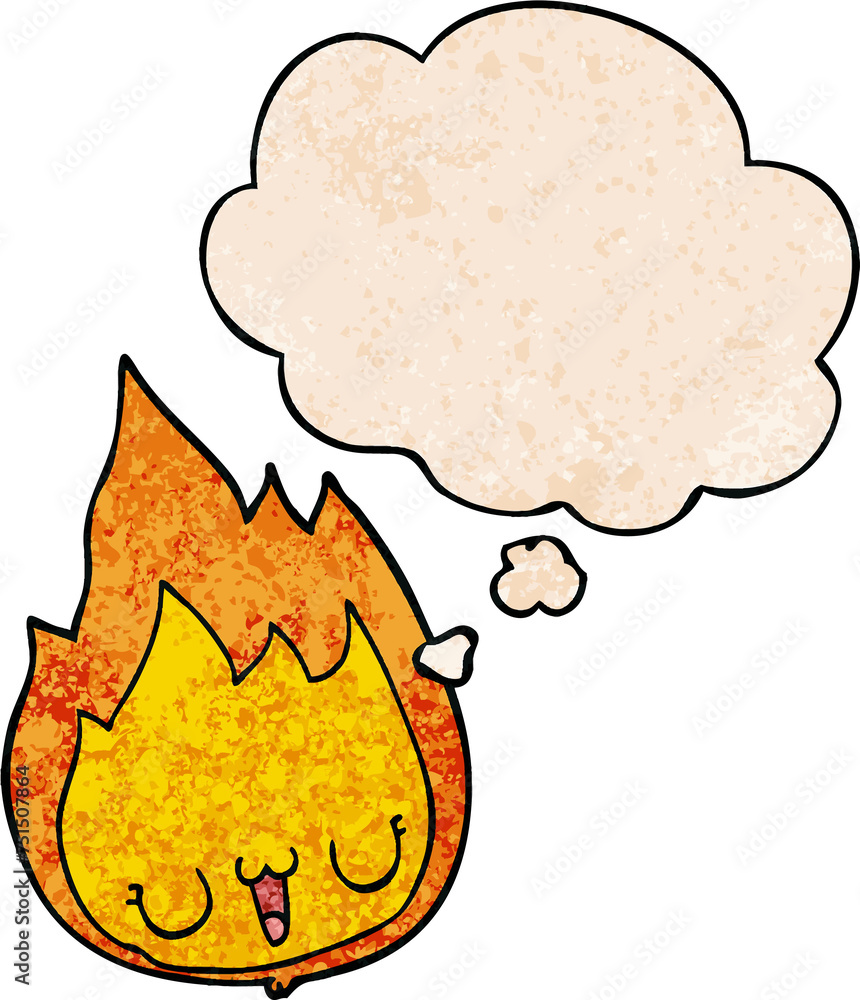 cartoon flame with face and thought bubble in grunge texture pattern style cartoon flame with face and thought bubble in grunge texture pattern style