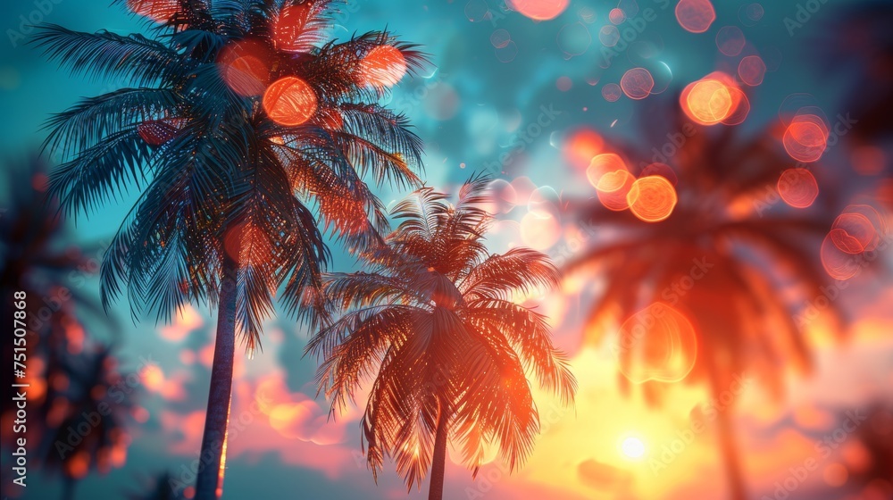 At Sunset, Tropical Palm Trees With Vintage Tone And Bokeh Lights