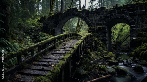 Dilapidated bridge standing defiantly amidst a dense