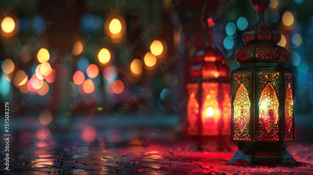 Obraz premium Muslim holy month Ramadan Kareem. Ornamental lantern glowing.