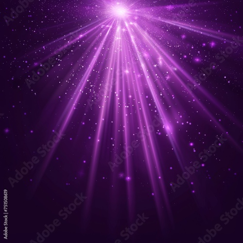 A light background with purple beams and flare effect glow on a transparent layout. Abstract magic, spotlight, or sunshiny design. A stardust explosion with realistic 3D vectors. photo