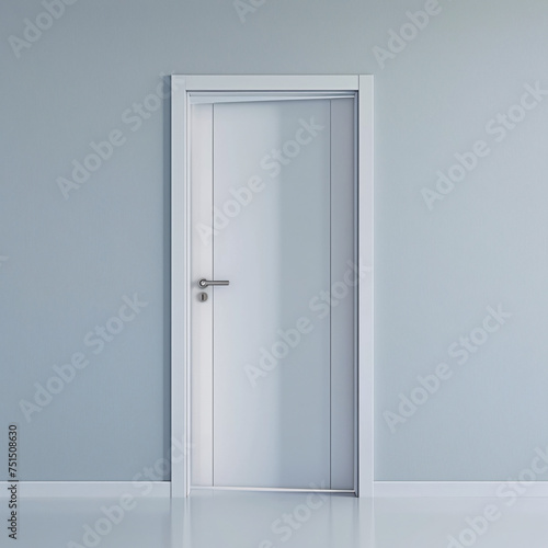 Closed white door against a light blue wall.