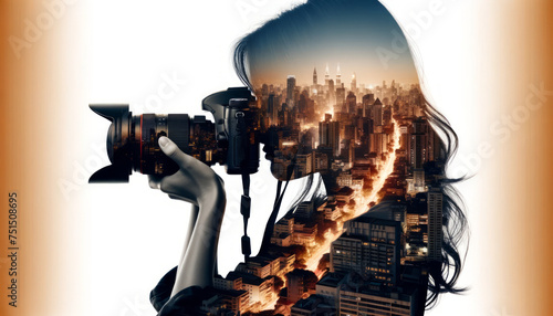 Photographer and Fiery Urban Skyline Double Exposure
