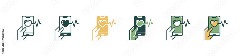 hand holding mobile cardiogram diagnosis icon set cardiology heartbeat monitoring heart pulse vector illustration life care media signs design