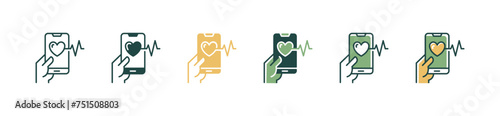 hand holding mobile cardiogram diagnosis icon set cardiology heartbeat monitoring heart pulse vector illustration life care media signs design