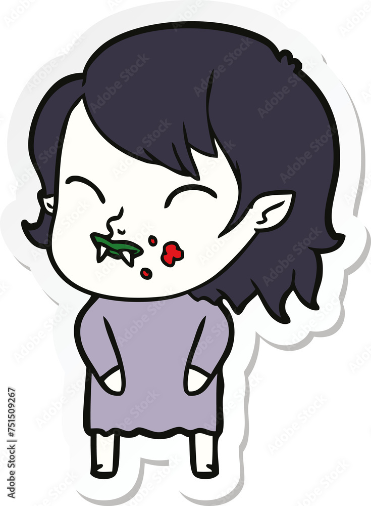 sticker of a cartoon vampire girl with blood on cheek sticker of a cartoon vampire girl with blood on cheek
