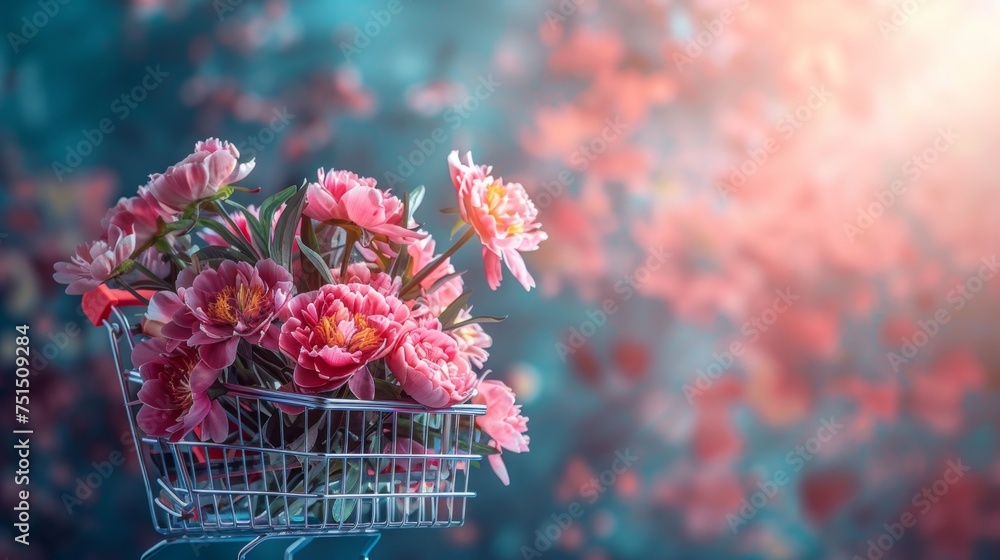 Lush peonies are set in a shopping cart, radiating against an ethereal backdrop of flowers and light, evoking feelings of love and tenderness - obrazy, fototapety, plakaty 