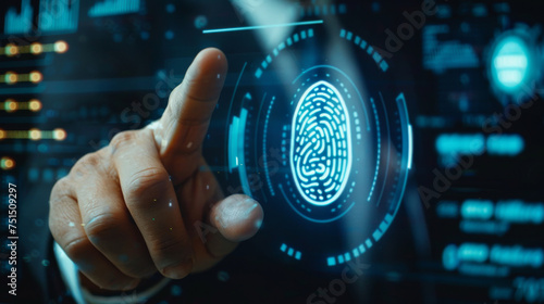 Businessman login with fingerprint fingerprint scanning technology to identify personal security system concept