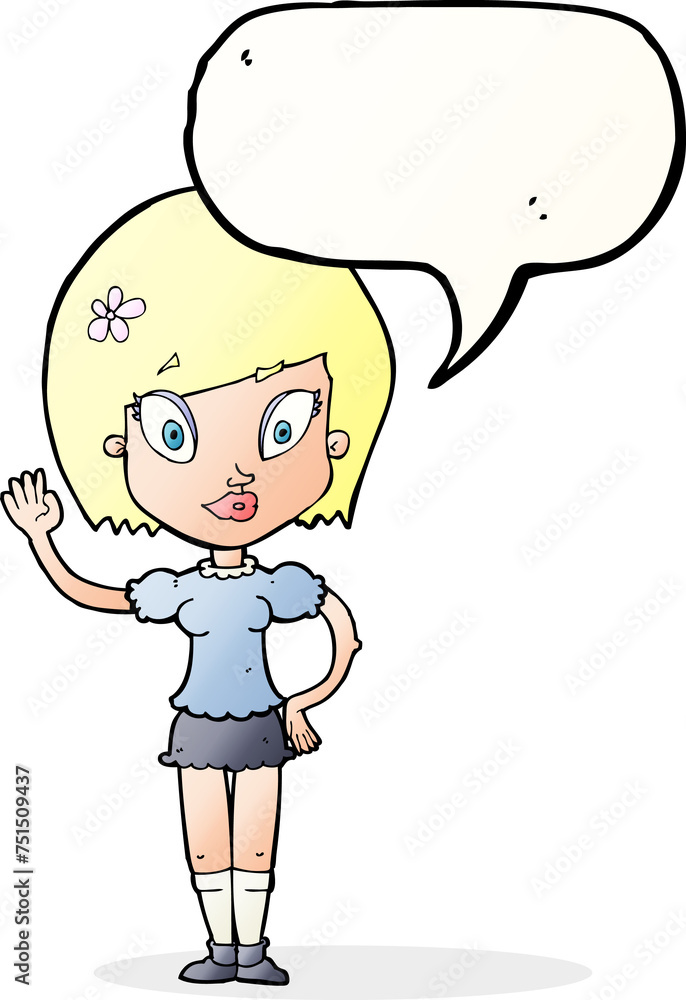 cartoon pretty girl waving with speech bubble cartoon pretty girl waving with speech bubble