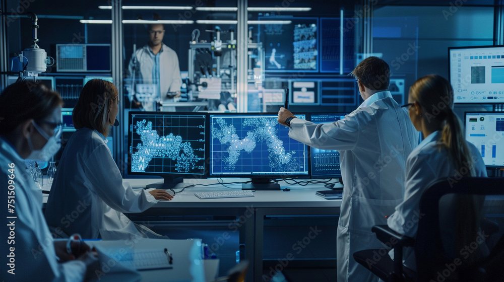 Obraz premium A team in a surveillance room using phenotypic profiling techniques displayed on a large monitor for forensic analysis and identification, Group of business professionals, DNA Phen