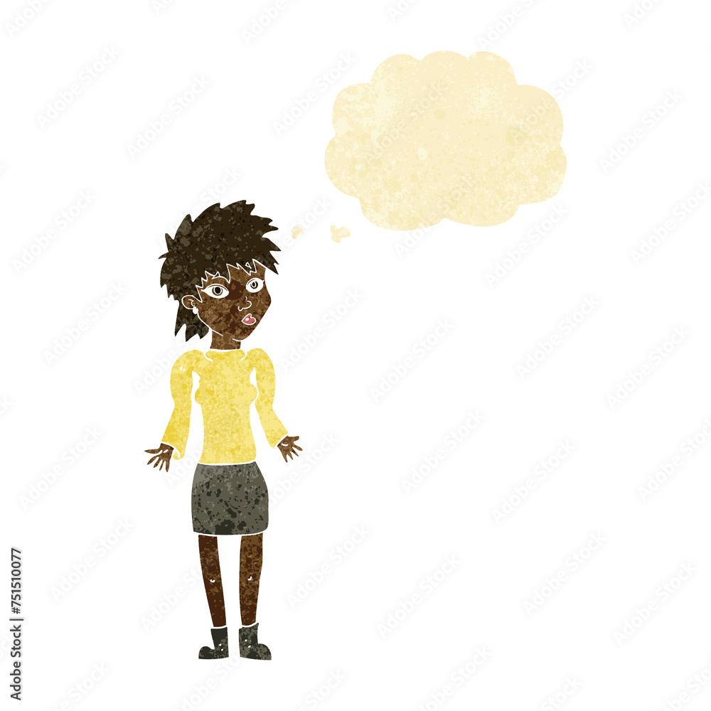 cartoon woman shrugging shoulders with thought bubble cartoon woman shrugging shoulders with thought bubble