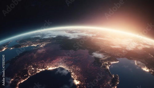 panoramic view on planet earth globe from space with rising sun glowing city lights light clouds
