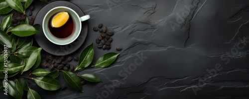 Cup of hot tea and tea leaves on dark luxury stone background, banner. Generative Ai.