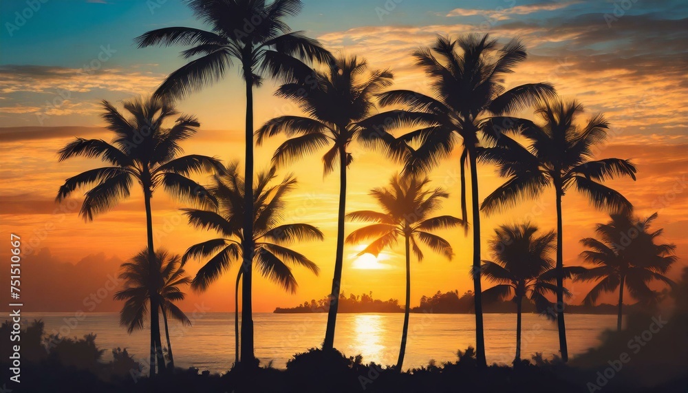 A serene pattern depicting palm tree silhouettes against a tropical sunset background A serene pattern depicting palm tree silhouettes against a tropical sunset background