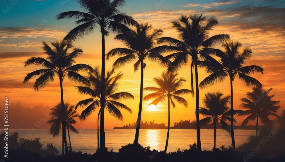 A serene pattern depicting palm tree silhouettes against a tropical sunset background