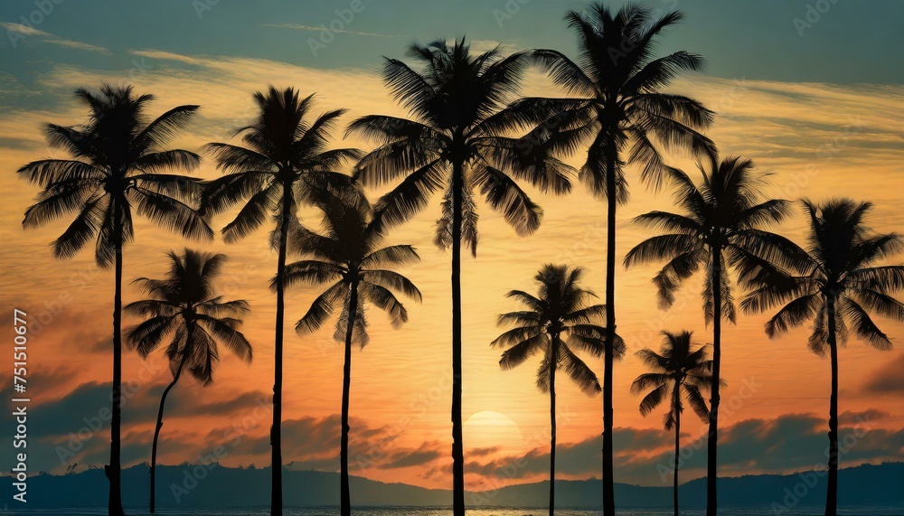 A serene pattern depicting palm tree silhouettes against a tropical sunset background A serene pattern depicting palm tree silhouettes against a tropical sunset background