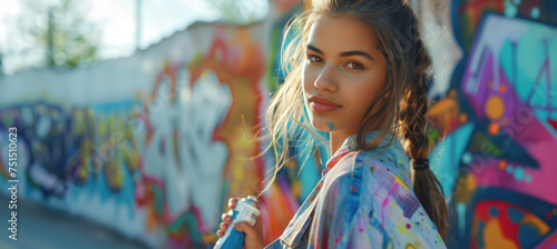 Portrait of a Young Artist: Creative Expression Against a Colorful Graffiti Background 