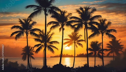 A serene pattern depicting palm tree silhouettes against a tropical sunset background