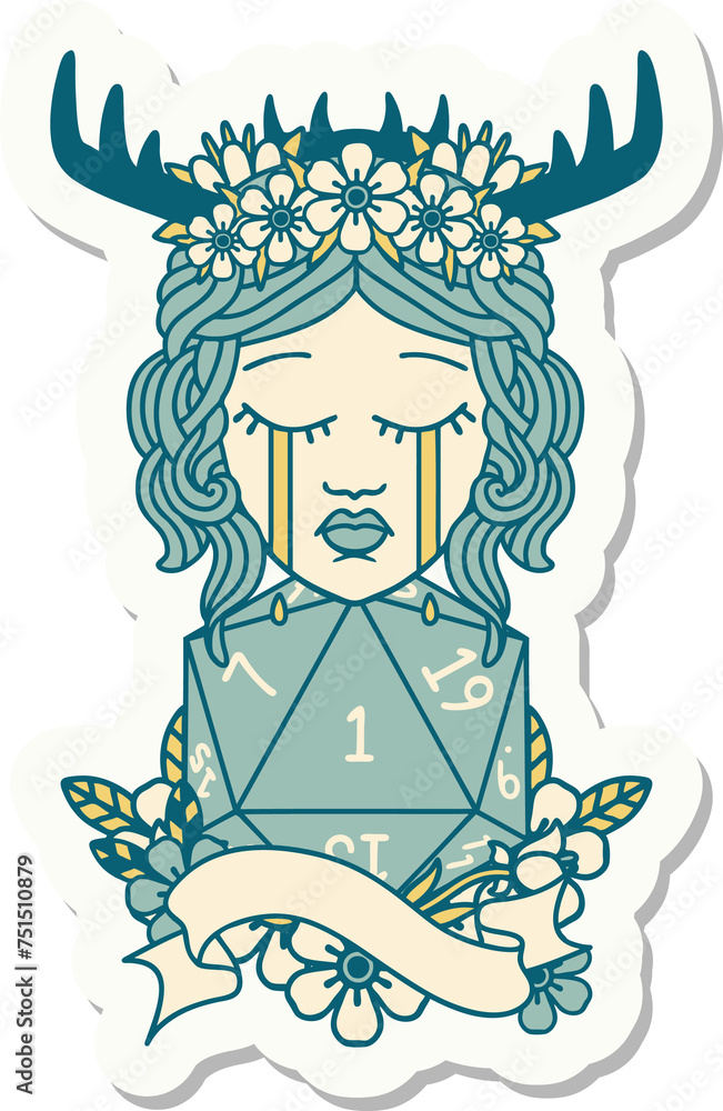 crying human druid with D20 natural one roll sticker crying human druid with D20 natural one roll sticker