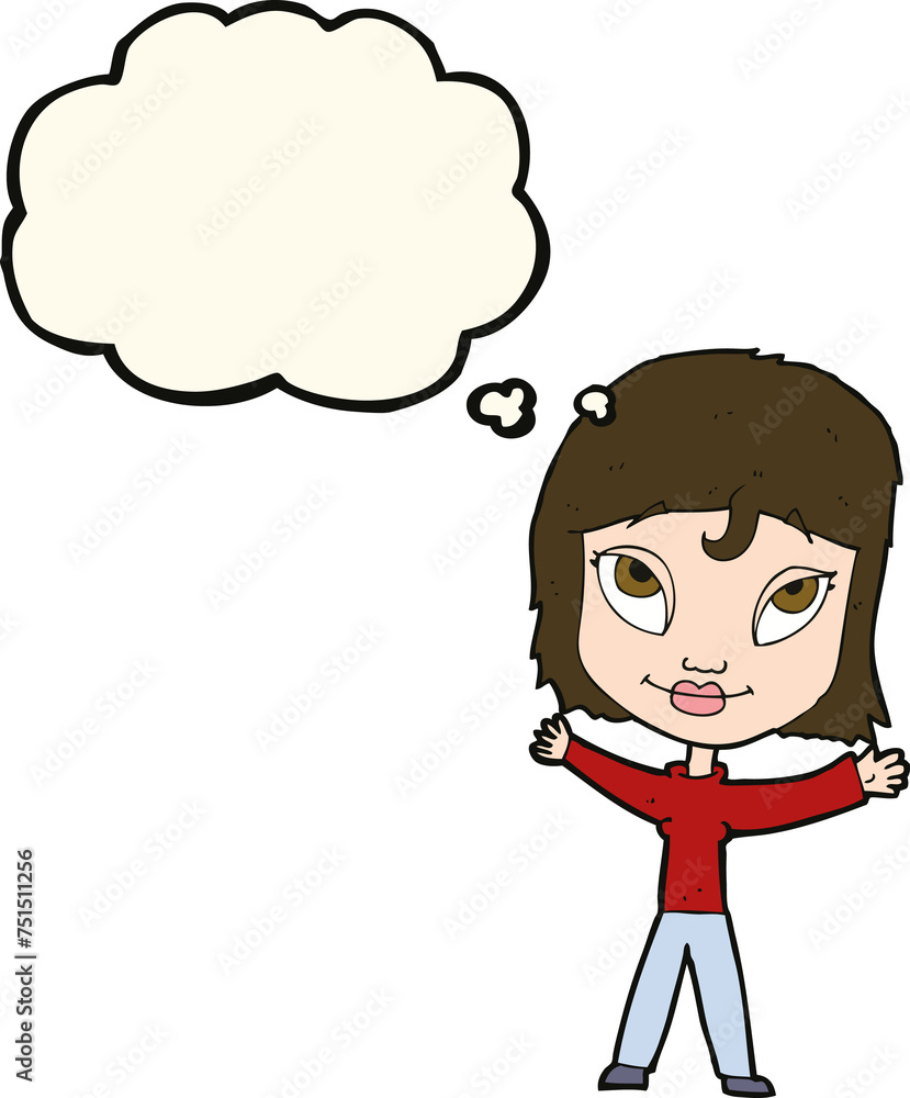cartoon happy woman waving arms with thought bubble