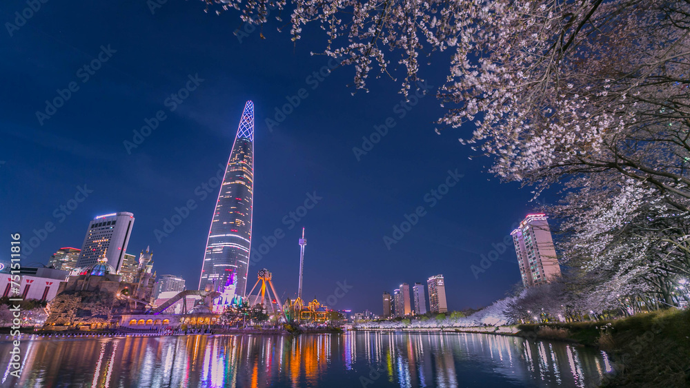 south korea in spring at night and skyscrapers seoul south korea - obrazy, fototapety, plakaty 