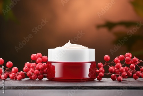 Cream blank jar mock up with berries on dark background