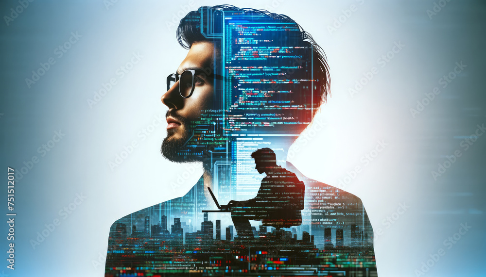 Man's Profile with Cityscape and Code Double Exposure