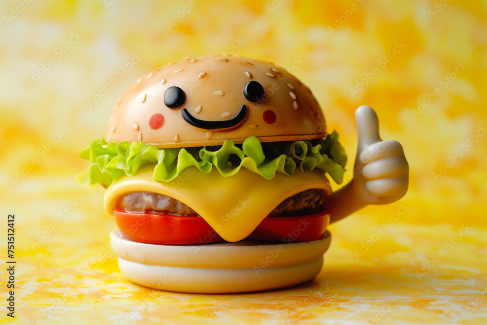 3D Rendering animation of a cheerful happy hamburger with a cheerful face on a yellow background giving a thumbs up 3D Rendering animation of a cheerful happy hamburger with a cheerful face on a yellow background giving a thumbs up
