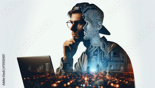 Thoughtful Programmer with Circuit Board Silhouette